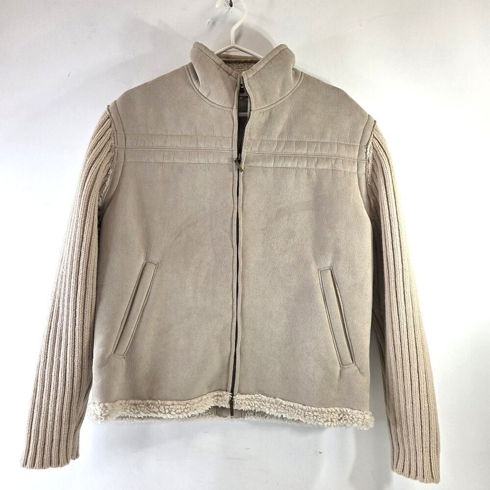 DKNY Jeans Mens Cream Color Shearling Sweater Jacket Wool Sleeves Size Medium
